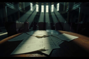 Empty wedding venue with draped tables and scattered contract documents in moody lighting