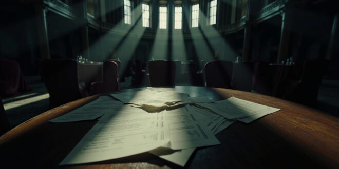 Empty wedding venue with draped tables and scattered contract documents in moody lighting