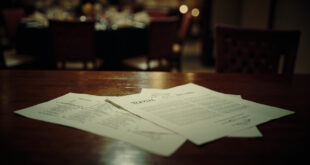 Wedding contracts and legal documents on polished wooden table in empty reception hall