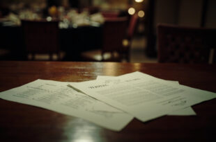 Wedding contracts and legal documents on polished wooden table in empty reception hall