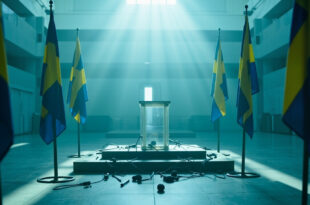 Empty government press room with overturned clear podium and scattered microphones after official collapse incident