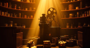 Vintage film projector casting beam of light in dusty projection room with scattered film reels