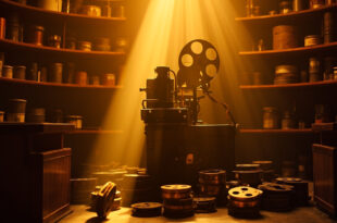 Vintage film projector casting beam of light in dusty projection room with scattered film reels