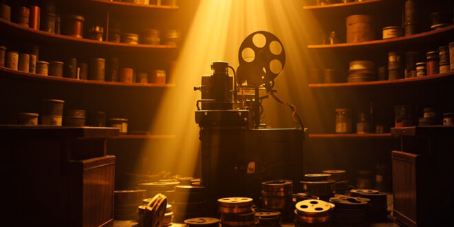 Vintage film projector casting beam of light in dusty projection room with scattered film reels