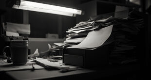 Empty office desk with scattered documents, overflowing inbox, and abandoned coffee cup under harsh lighting