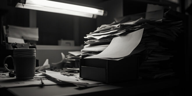Empty office desk with scattered documents, overflowing inbox, and abandoned coffee cup under harsh lighting