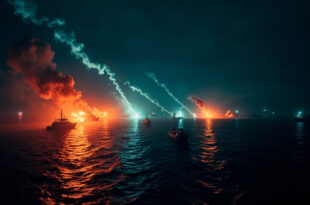 Multiple boats spread across dark Mediterranean waters with emergency lighting and flares visible against night sky