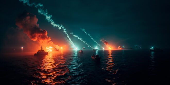 Multiple boats spread across dark Mediterranean waters with emergency lighting and flares visible against night sky