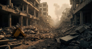 Earthquake rubble with broken concrete and emergency rescue equipment scattered across damaged landscape