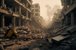 Earthquake rubble with broken concrete and emergency rescue equipment scattered across damaged landscape