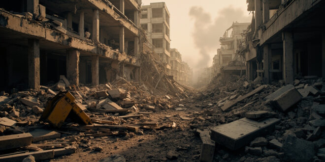 Earthquake rubble with broken concrete and emergency rescue equipment scattered across damaged landscape