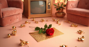 Red rose on golden envelope surrounded by scattered rose petals on polished studio desk