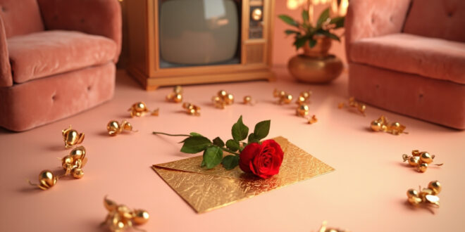 Red rose on golden envelope surrounded by scattered rose petals on polished studio desk