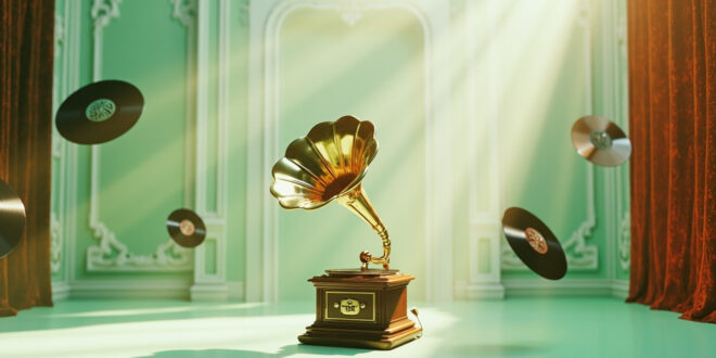 Vintage gramophone with glowing light beams and floating vinyl records in mint green and orange lighting
