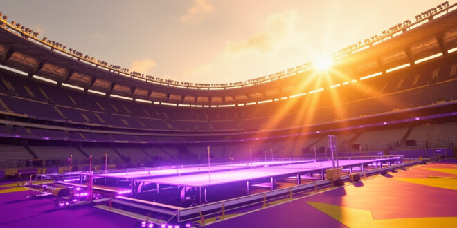Empty football stadium with illuminated halftime show stage surrounded by dramatic lighting and staging equipment.