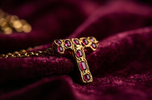 Gold chain necklace with ruby-adorned letter T pendant displayed against dark velvet surface