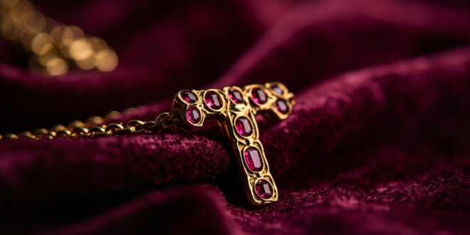 Gold chain necklace with ruby-adorned letter T pendant displayed against dark velvet surface