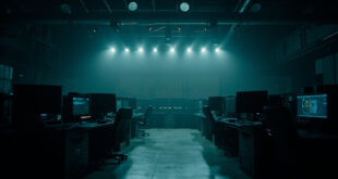 Dark television control room with multiple blank monitors and broadcasting equipment in shadows