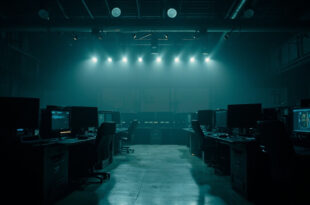Dark television control room with multiple blank monitors and broadcasting equipment in shadows