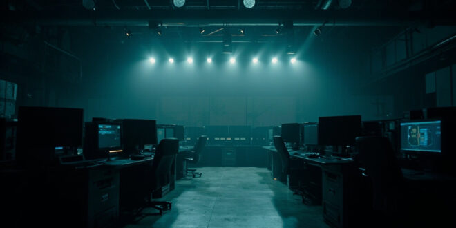 Dark television control room with multiple blank monitors and broadcasting equipment in shadows