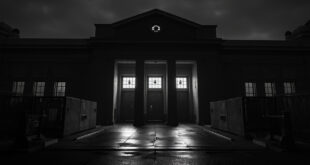 Imposing gray courthouse facade with heavy security doors and concrete barriers under overcast sky