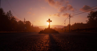 White memorial cross stands beside empty highway intersection during golden hour with purple twilight sky
