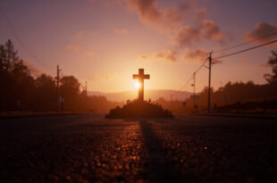 White memorial cross stands beside empty highway intersection during golden hour with purple twilight sky
