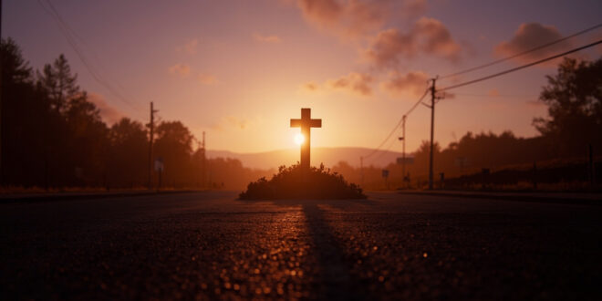 White memorial cross stands beside empty highway intersection during golden hour with purple twilight sky
