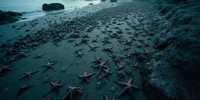 Thousands of dark starfish densely covering wet beach sand along Scottish coastline