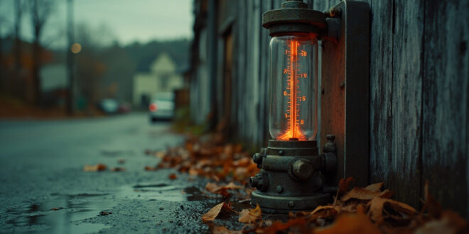 Vintage industrial thermometer displaying high temperature reading on weathered wooden surface with puddles nearby