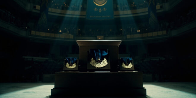 Empty military ceremony hall with draped flags and vacant podium under dramatic lighting