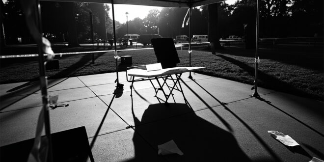 Empty folding table under white tent on campus with scattered papers and overturned chairs