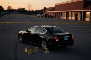 Empty parking lot with black car surrounded by police evidence markers and investigation tape at twilight