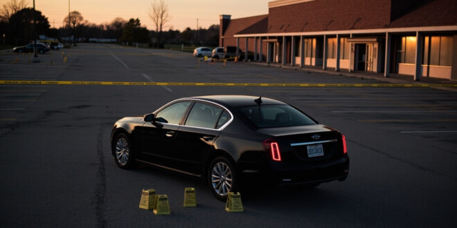 Empty parking lot with black car surrounded by police evidence markers and investigation tape at twilight