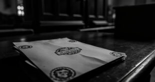 Empty wooden courtroom bench with scattered legal papers and official government stamps on dark surface.