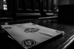 Empty wooden courtroom bench with scattered legal papers and official government stamps on dark surface.