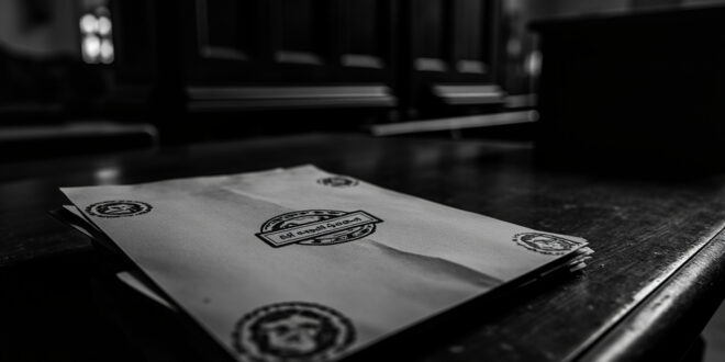 Empty wooden courtroom bench with scattered legal papers and official government stamps on dark surface.