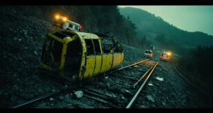 Yellow cable car wreckage on damaged hillside railway tracks with scattered metal debris