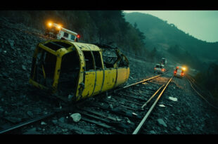 Yellow cable car wreckage on damaged hillside railway tracks with scattered metal debris