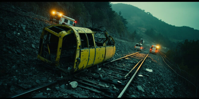 Yellow cable car wreckage on damaged hillside railway tracks with scattered metal debris