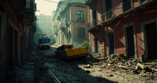 Broken funicular railway car wreckage on steep cobblestone street with snapped overhead cables