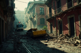 Broken funicular railway car wreckage on steep cobblestone street with snapped overhead cables