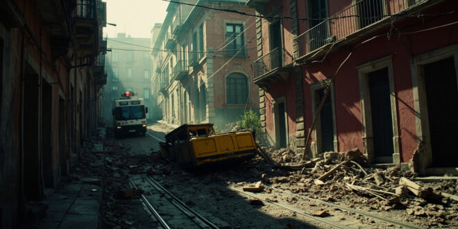 Broken funicular railway car wreckage on steep cobblestone street with snapped overhead cables