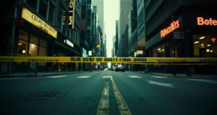 Yellow police tape blocks access to empty street intersection with office buildings and cafes in background
