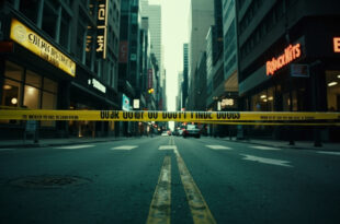 Yellow police tape blocks access to empty street intersection with office buildings and cafes in background