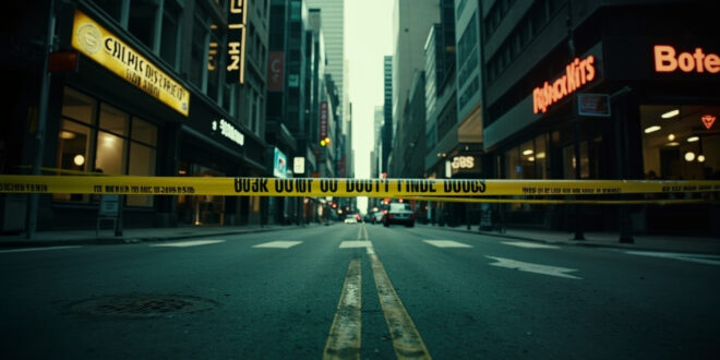 Yellow police tape blocks access to empty street intersection with office buildings and cafes in background