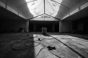 Empty white tent with scattered chairs and fallen microphone on university campus concrete