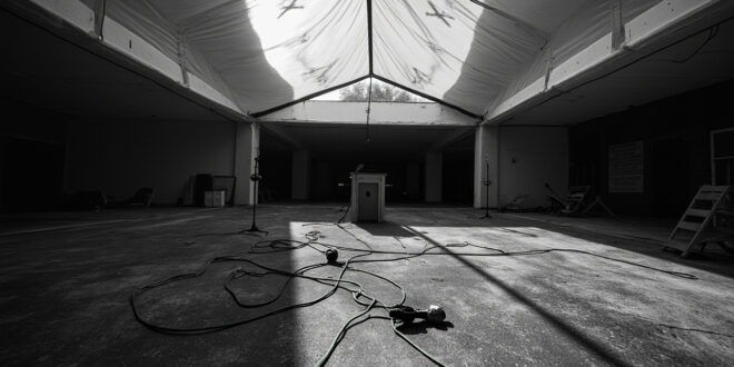 Empty white tent with scattered chairs and fallen microphone on university campus concrete