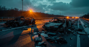 Severely damaged cars and debris scattered across multiple highway lanes with twisted metal and luggage