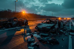 Severely damaged cars and debris scattered across multiple highway lanes with twisted metal and luggage